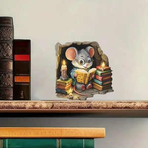 Sticker mural 3D avec une mignonne souris de dessin animé lisant dans un trou de souris