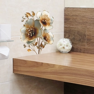 Sticker mural floral 3D avec pétales dorés et perles pour déco salle de bain chic