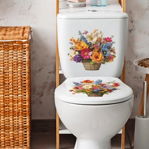 Removable PVC Floral Basket Toilet Lid Stickers Decorative Flower Wall Decals For Bathroom Restroom Home Decoration