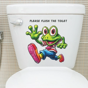 Autocollant de Toilettes Grenouille Courante Drôle Dessin Animé Please Flush The Toilet PVC Imperméable Décoration de Salle de Bain