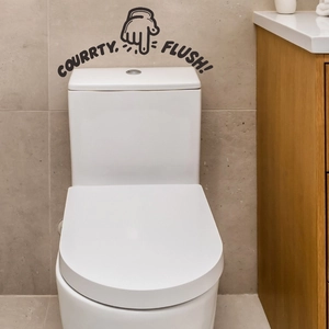 Minimalist 'Courtesy Flush' toilet sticker with hand gesture pointing to the tank