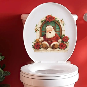 Watercolor Santa Claus and red flower self-adhesive toilet seat sticker for Christmas decor