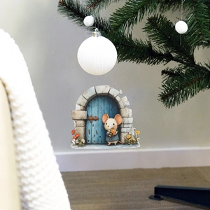Cute cartoon mouse holding a yellow bouquet wall sticker hanging on a Christmas tree