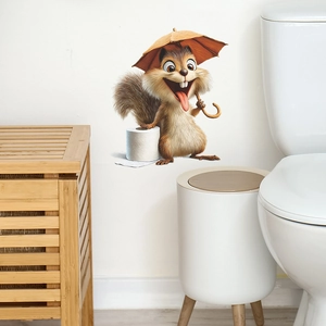 Cute 3D cartoon squirrel with umbrella and toilet paper roll waterproof bathroom wall sticker