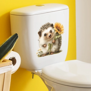 Cute hedgehog and sunflower waterproof wall decal for creative bathroom toilet decoration