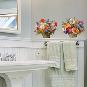 Creative embossed floral basket wall stickers for bathroom decoration and home aesthetics