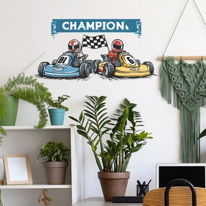 Adesivi murali auto da corsa cartoon con go-kart per decorare camerette bimbi