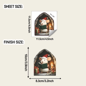Detail view of cartoon Christmas mouse reading sticker with precise sheet dimensions