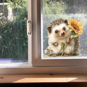 Cute cartoon hedgehog with sunflower wall sticker for home bathroom and window decor