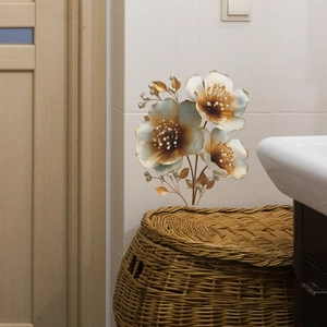 Gros plan sur un sticker mural floral 3D avec perles sur carrelage de salle de bain