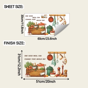 Détail montrant la taille de la planche de stickers cuisine et dimensions finales