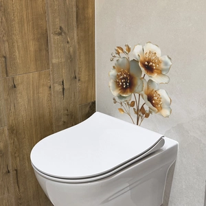Sticker mural floral élégant avec feuilles dorées et fleurs blanches pour décor de salle de bain