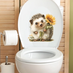 Cute Cartoon Hedgehog Holding Sunflower Waterproof PVC Wall Sticker Decorative Decal For Bathroom Toilet Home Wall Art