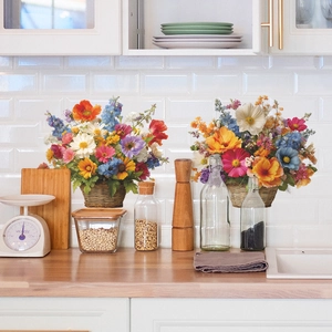 Creative 3D relief floral basket wall stickers with colorful poppies and daisies decoration