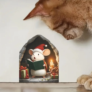 3D Christmas mouse hole wall sticker with cartoon mouse reading books and ginger cat interaction