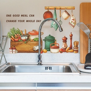 Stickers muraux cuisine avec légumes, ustensiles et phrase inspirante pour la maison