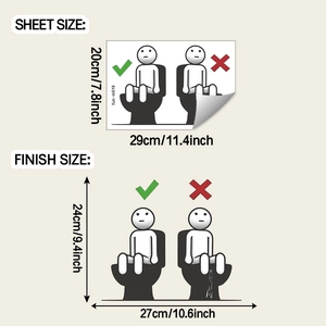 Detailed size chart for bathroom toilet stickers with sheet and finish dimensions