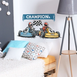 Adesivi murali auto da corsa con kart blu e gialli per decorare cameretta bambini