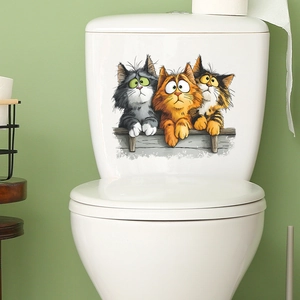 Cartoon Cats Peeking Over Fence Toilet Sticker Waterproof PVC Wall Decal For Bathroom Home Decor Cute Animal Mural