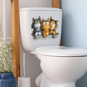 Three cute cartoon cat wall stickers for bathroom toilet tank decoration with hand-drawn art