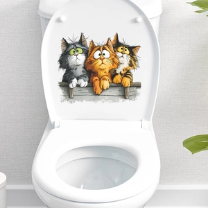 Playful cartoon cat bathroom toilet lid stickers featuring three cute kittens on white lid