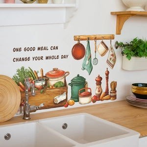 Sticker mural de cuisine avec ustensiles colorés légumes et citation anglaise inspirante