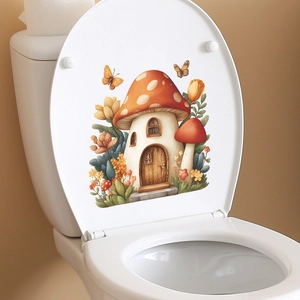 Cartoon mushroom house and butterfly self-adhesive sticker on a white toilet lid