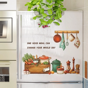 Sticker Mural en PVC avec Ustensiles de Cuisine Légumes Dessiné à la Main Autocollant Frigo Imperméable pour Salle à Manger