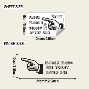 Detailed size chart showing 15x24cm sheet and 10x31cm finished flush toilet sticker