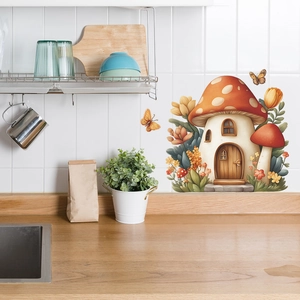 Cartoon mushroom house wall sticker with flowers and butterflies for kitchen decor