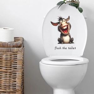 Lustiger Wandaufkleber mit lachendem Esel und Text auf weißem Toilettendeckel