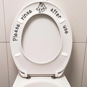 Waterproof vinyl toilet lid decal with Please Rinse After Use text and hand gesture