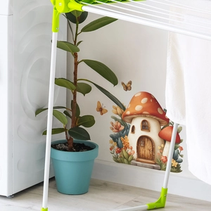Cartoon mushroom house wall sticker with butterflies and flowers for home bathroom decor