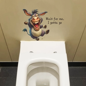 Funny cartoon donkey toilet sticker with Wait for me, I gotta go quote for bathroom decor