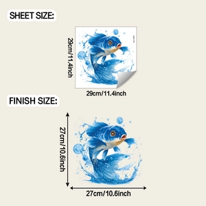 Detail showing sheet size and finish size for self-adhesive blue koi fish wall sticker