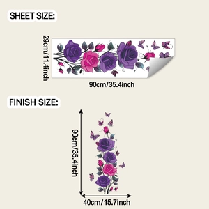 Detailed sheet and finish size dimensions for watercolor rose and butterfly wall stickers