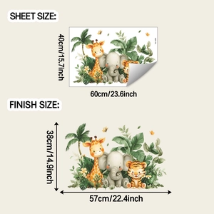 Detailed size chart showing layout and finished dimensions of animal wall stickers