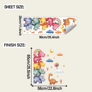 Dimensions détaillées de la feuille et du rendu pour stickers muraux dinosaures