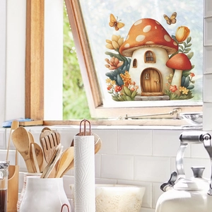 Cartoon mushroom house and flowers wall sticker for home and kitchen window decoration