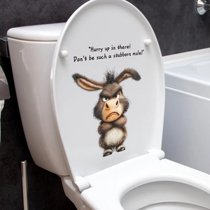 Funny angry donkey toilet sticker with Hurry Up text for bathroom decoration