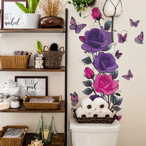 Floral watercolor rose and butterfly wall stickers applied in a cozy bathroom scene