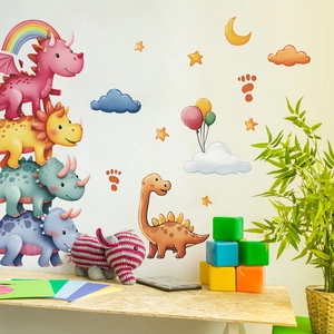 Stickers muraux dinosaures mignons avec arc-en-ciel et étoiles pour chambre d'enfant