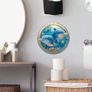 3D ocean world wall sticker with dolphins and tropical fish in a bathroom setting