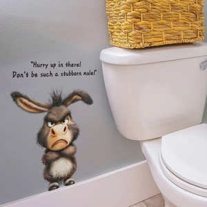 Angry mule bathroom wall sticker with Hurry up in there humorous slogan for toilet decor