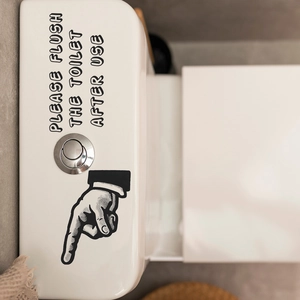 Waterproof vinyl bathroom decal with Please Flush The Toilet After Use sign and hand icon