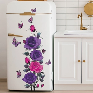 Watercolor Rose Vine Flower Wall Sticker Purple Pink Rose With Butterflies Self Adhesive PVC Waterproof Decal Home Decor