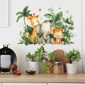 Cartoon Jungle Animals Wall Stickers Giraffe Elephant Tiger Tropical Palm Leaves PVC Mural Decals For Kids Room Nursery Decor