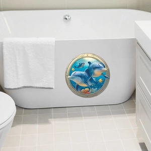 3D porthole wall sticker featuring dolphins and coral reef for bathroom decor