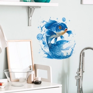 3D blue koi fish wall sticker with realistic splashing water for bathroom wall decor