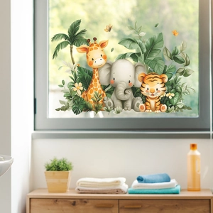 Cartoon animals and tropical plants wall decals for nursery living room decor